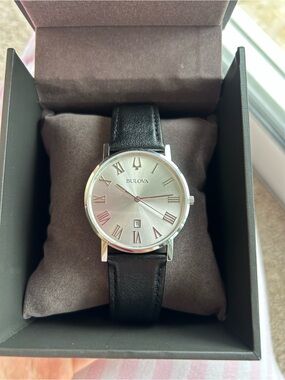 Men’s Bulova Silver Dial Black Leather Strap Watch